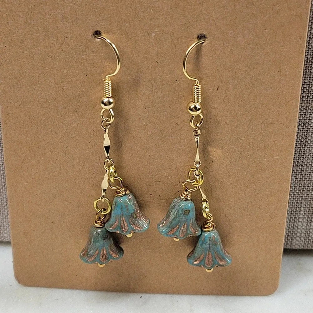 Blue Lily Flower Dangle Drop Earrings Handmade Beaded Whimsical Fairy Boho NEW